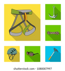Mountaineering and climbing flat icons in set collection for design. Equipment and accessories vector symbol stock web illustration.