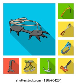 Mountaineering and climbing flat icons in set collection for design. Equipment and accessories vector symbol stock web illustration.