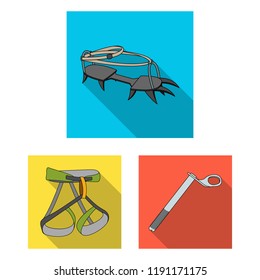 Mountaineering and climbing flat icons in set collection for design. Equipment and accessories vector symbol stock web illustration.
