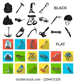 Mountaineering and climbing flat icons in set collection for design. Equipment and accessories vector symbol stock web illustration.