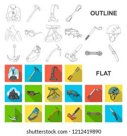 Mountaineering and climbing flat icons in set collection for design. Equipment and accessories vector symbol stock web illustration.