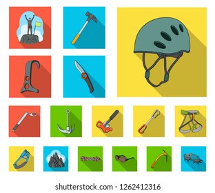 Mountaineering and climbing flat icons in set collection for design. Equipment and accessories vector symbol stock web illustration.