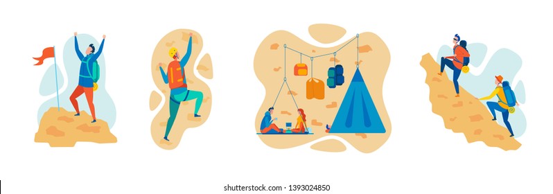 Mountaineering, Climbing and Hiking Sports Flat Vector Concepts Set Isolated on White Background. Mountaineers, Climbers Climbing on Rock, Ascending Mountain Peak, Resting in Hanging Camp Illustration