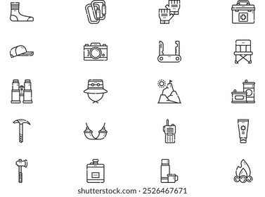 Mountaineering and climbing icons collection is a vector illustration with editable stroke.