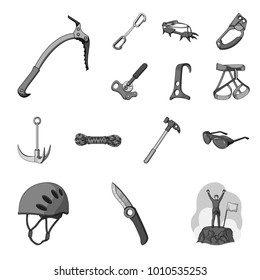 Mountaineering and climbing monochrome icons in set collection for design. Equipment and accessories vector symbol stock web illustration.