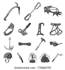 Mountaineering and climbing monochrome icons in set collection for design. Equipment and accessories vector symbol stock web illustration.