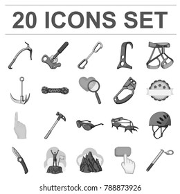Mountaineering and climbing monochrome icons in set collection for design. Equipment and accessories vector symbol stock web illustration.