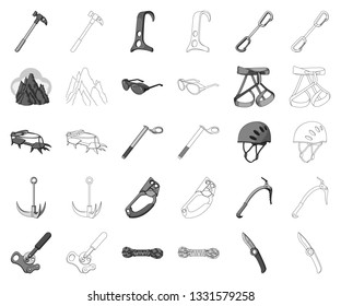 Mountaineering and climbing monochrome,outline icons in set collection for design. Equipment and accessories vector symbol stock web illustration.
