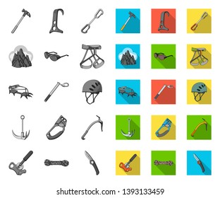 Mountaineering and climbing mono,flat icons in set collection for design. Equipment and accessories vector symbol stock web illustration.