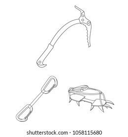 Mountaineering and climbing outline icons in set collection for design. Equipment and accessories vector symbol stock web illustration.
