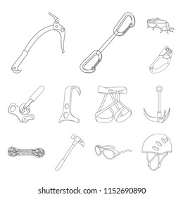 Mountaineering and climbing outline icons in set collection for design. Equipment and accessories vector symbol stock web illustration.