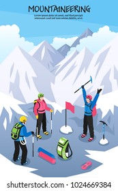 Mountaineering composition with editable text and group of climbers with equipment setting flag on mountain top vector illustration