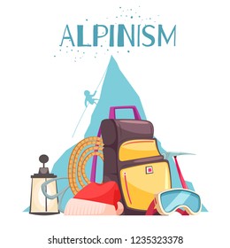 Mountaineering equipment cartoon composition poster with alpine mountain climbers gear rope ice axe backpack sunglasses vector illustration