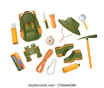 Mountaineering Equipment Flat Color Vector Objects Set. Map And Compass. Climbing Ropes And Carabiners. Ice Axes. Alpinist Essentials 2D Isolated Cartoon Illustration On White Background