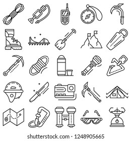 Mountaineering Equipment Icon Set. Outline Set Of Mountaineering Equipment Vector Icons For Web Design Isolated On White Background