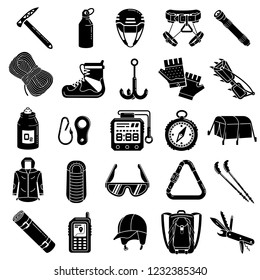 Mountaineering equipment icon set. Simple set of mountaineering equipment vector icons for web design on white background