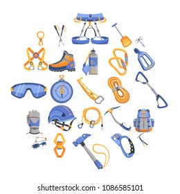 Mountaineering equipment icons set. Cartoon illustration of 16 mountaineering equipment vector icons for web