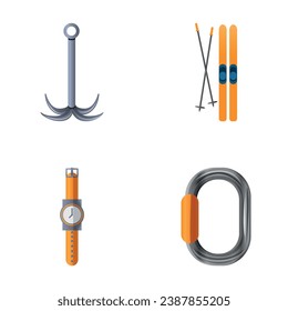 Mountaineering equipment icons set cartoon vector. Sport gear. Alpinism