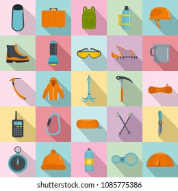 Mountaineering equipment icons set. Flat illustration of 25 mountaineering equipment vector icons for web