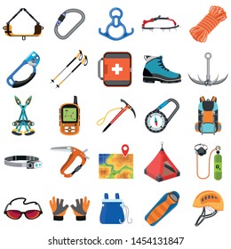 Mountaineering equipment icons set. Flat set of mountaineering equipment vector icons for web design