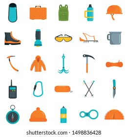 Mountaineering equipment icons set. Flat illustration of 25 mountaineering equipment vector icons for web