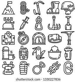 Mountaineering equipment icons set. Outline set of mountaineering equipment vector icons for web design isolated on white background