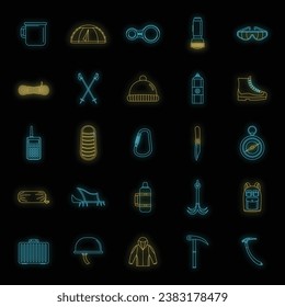 Mountaineering equipment icons set. Outline illustration of 25 mountaineering equipment vector icons neon color on black