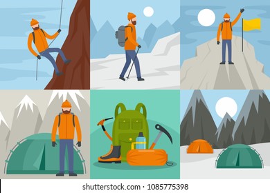 Mountaineering equipment man banner concept set. Flat illustration of 6 mountaineering equipment man vector banner horizontal concepts for web