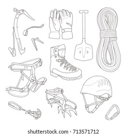 Mountaineering equipment set. Harness, rope, helmet, crampons, ice ax, and more objects. Vector illustration. 