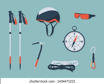 Mountaineering equipment set. Outdoor hiking adventure. Modern flat vector Illustration.