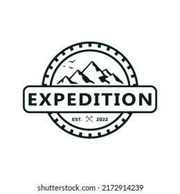 Mountaineering expedition logo badge emblem. Mountaineering black and white sticker logo vector template