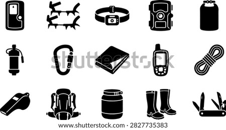 Mountaineering and extreme survival gear solid silhouette icon set for climbing and trekking
