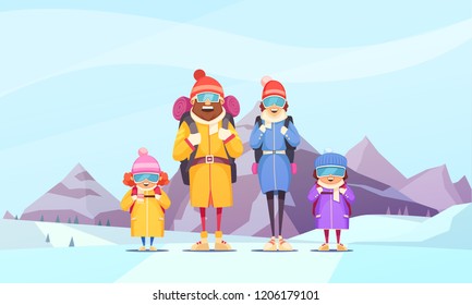 Afiche de caricatura familiar de vacaciones de invierno con padre madre 2 hijos contra montaña alpina ilustración vectorial de fondo