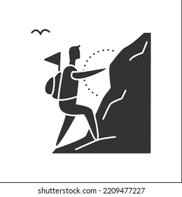  Mountaineering glyph icon. Alpinism. Adventure tourism. Trekking, hiking. Mountain climbing. Extreme traveling. Tourism types concept.Filled flat sign. Isolated silhouette vector illustration