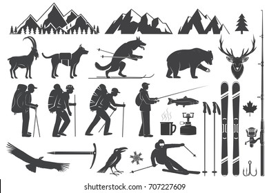 Mountaineering, hiking, climbing, fishing, skiing and other adventure icons. Vector illustration. Vintage typography design with ice axe, rock climbing Goat and mountain silhouette.