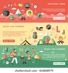 Mountaineering horizontal banners set with nature tent camp food climber thermos flashlight backpack map isolated vector illustration