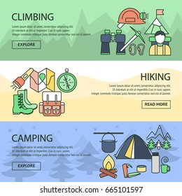 Mountaineering horizontal linear banners set with climbing tools tourist outfit camping equipment isolated vector illustration