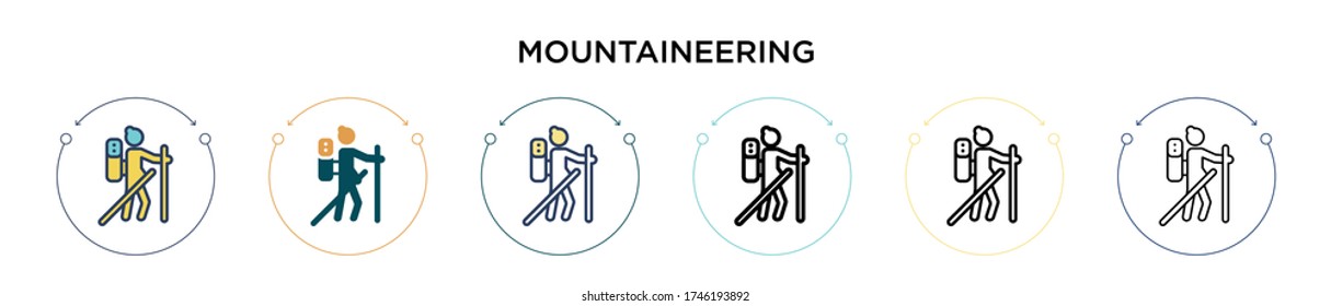 Mountaineering icon in filled, thin line, outline and stroke style. Vector illustration of two colored and black mountaineering vector icons designs can be used for mobile, ui, web