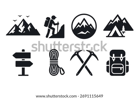 Mountaineering icon set. Vector black symbols of hiking, climbing, and outdoor adventure glyph illustrations
