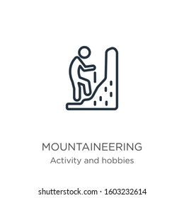 Mountaineering icon. Thin linear mountaineering outline icon isolated on white background from activities collection. Line vector sign, symbol for web and mobile