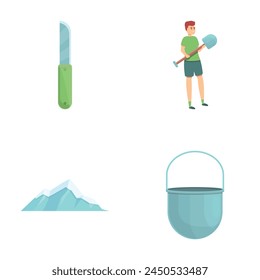 Mountaineering icons set cartoon vector. Man with camping equipment. Active lifestyle