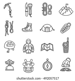 mountaineering icons set, line style.Mountaineering equipment.  climbing linear symbols collection. necessary things to lift up the mountain. isolated vector illustration