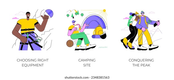 Mountaineering isolated cartoon vector illustrations set. Choosing right equipment, camping site, setting up a tent in the mountains, happy people making after conquering the peak vector cartoon.