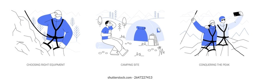 Montanhismo isolado desenhos animados vetor ilustrações conjunto. Escolher o equipamento certo, acampar, montar uma barraca nas montanhas, pessoas felizes fazendo depois de conquistar o pico do desenho animado de vetores.