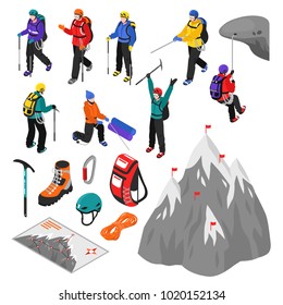 Mountaineering isometric set of touristic equipment and climbers characters in helmets and winter sport suits isolated vector illustration 