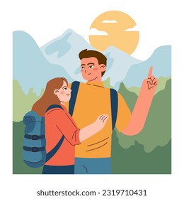 Mountaineering. Mountain climbers with backpacks during nature adventure. People climbing rock hiking in the woods, exploring mountains and forest. Active recreation. Flat vector illustration