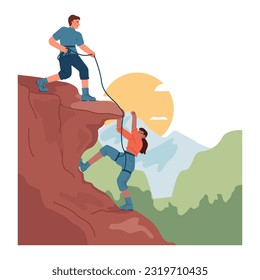 Mountaineering. Mountain climbers with backpacks during nature adventure. People climbing rock wall using special equipment. Flat vector illustration