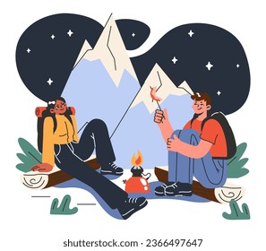 Mountaineering. Mountain climbers with backpacks during nature adventure. People climbing rock wall, sitting near campfire and hiking in the hills. Flat vector illustration