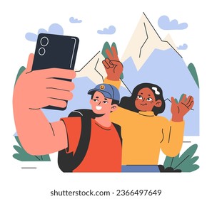 Mountaineering. Mountain climbers with backpacks during nature adventure. People, friends with hiking equipment taking picture in snowy hills. Flat vector illustration