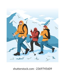 Mountaineering. Mountain climbers with backpacks during nature adventure. People climbing snowy hills with hiking equipment. Flat vector illustration